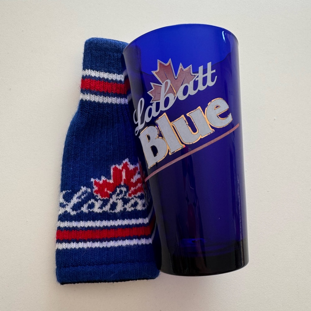 LABATT Blue Beer glass and beer bottle cozy
